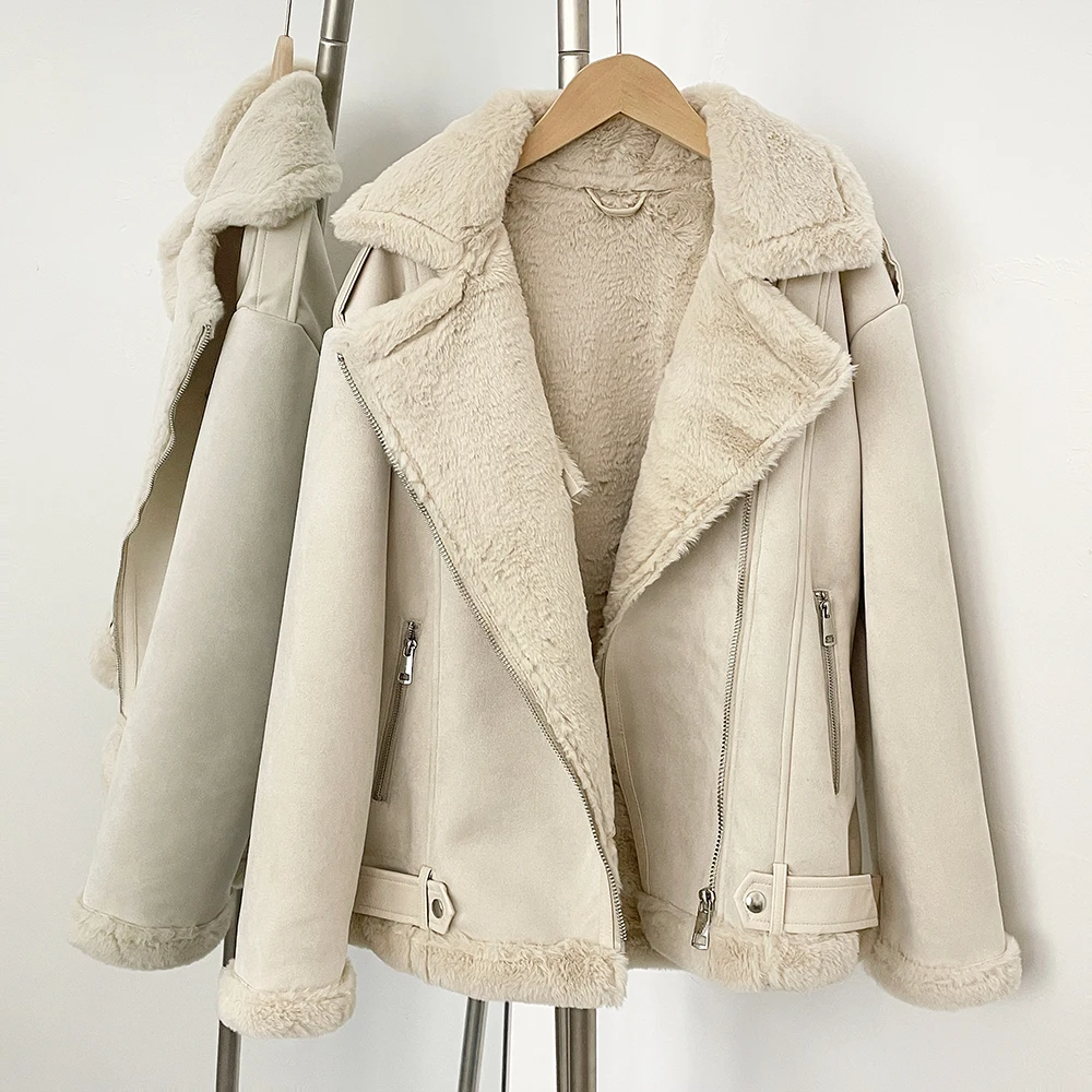 

Elegant Artificial Fur Jackets for Women New Autumn Thick Warm Thick Lambwool Faux Leather Jakcet Winter Clothing Suede Pockets