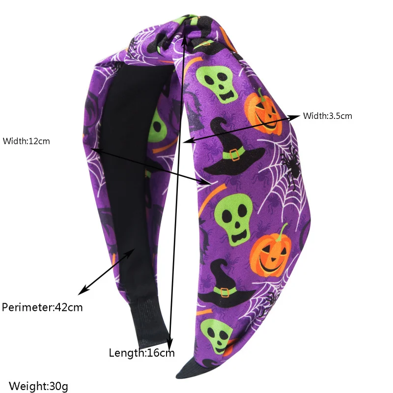 عصابة رأس من القماش المطبوع بتصميم جمجمة وقرع وخفافيش وعناكب لعيد الهالوين