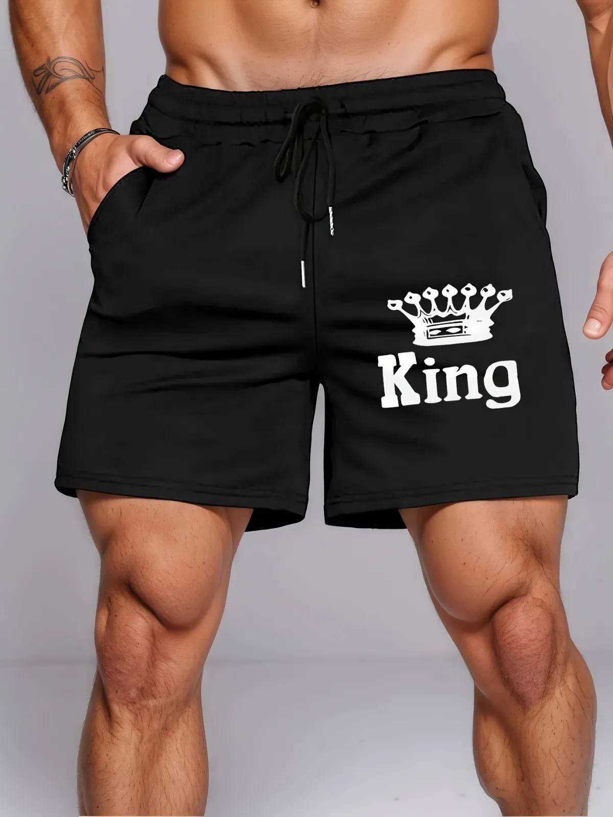 Men's High Street Trendy Black Casual Sports Shorts with Printed Pattern Suitable for Gym Running Training Summer Equipment