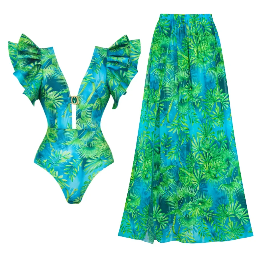 

2024 Women Ruffled Jungle Green Print One Piece Swimsuit and Skirt Swimwear 2PC Summer Bathing Suit