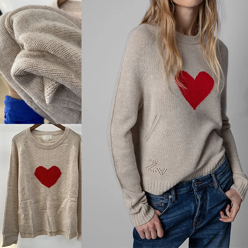 

Свитера цвета хаки, женский вязаный пуловер с красным сердцем, зимние топы с круглым вырезом и длинными рукавами, женский джемпер, женский повседневный тонкий свитер