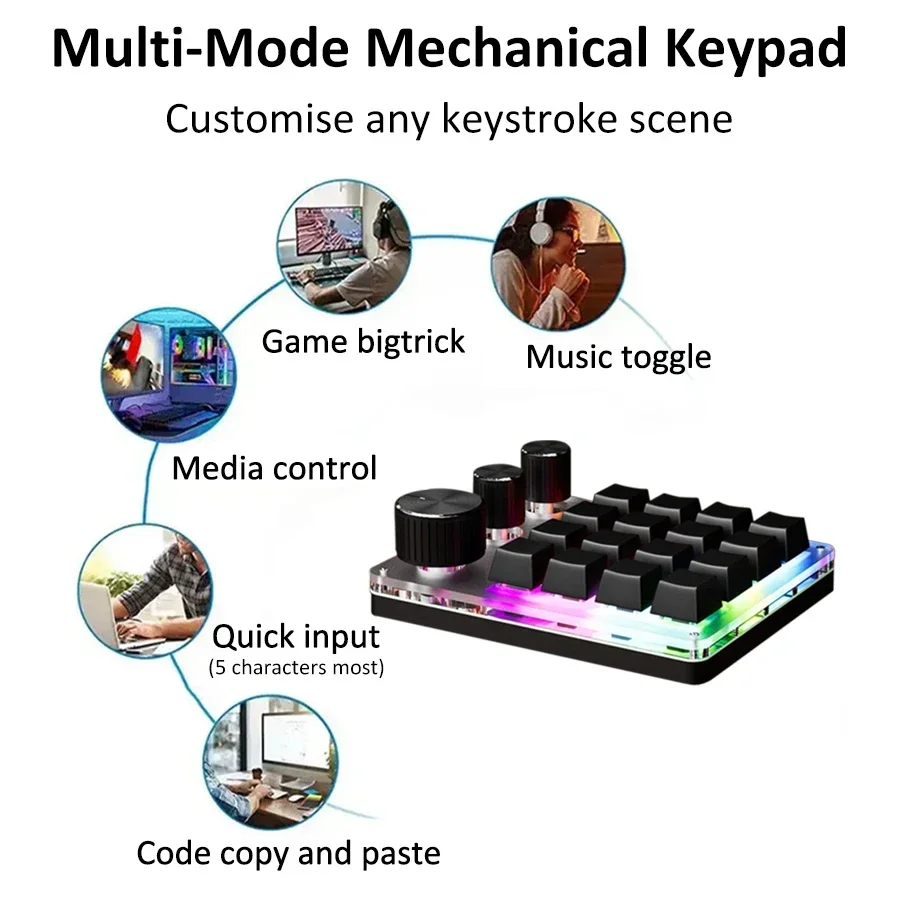 3 Mode Wired 2.4G Bluetooth Keyboard Custom Programming Macro 3 Knob RGB 16 Key Mechanical Hotswap PS DIY Gaming Keypad Macropad