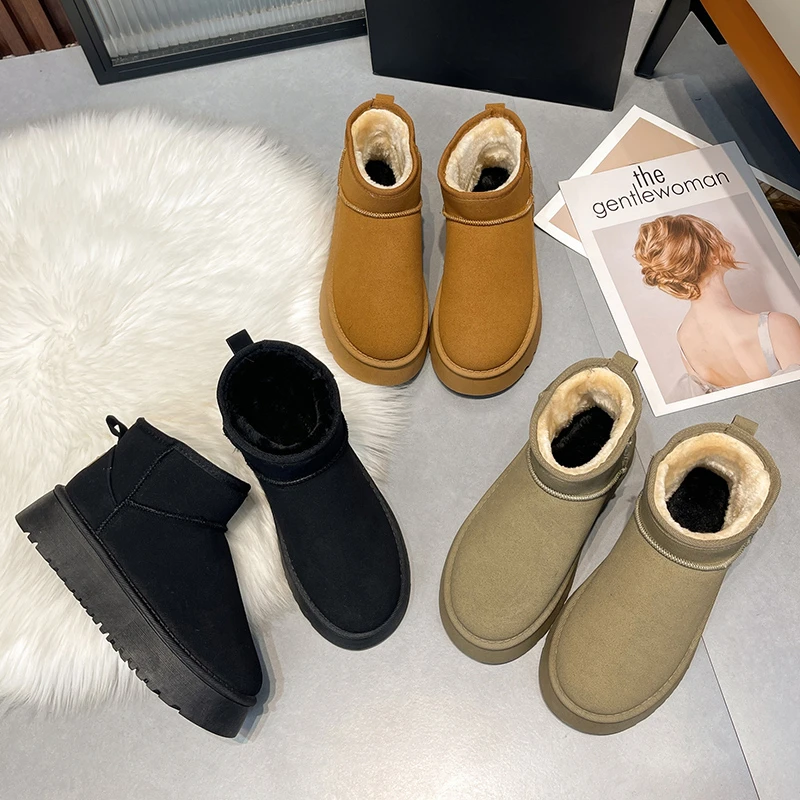 

Thick Plush Platform Snow Boots Women 2024 Winter Keep Warm Fur Cotton Shoes Woman Faux Suede Slip-On Ankle Botas Padded Shoes