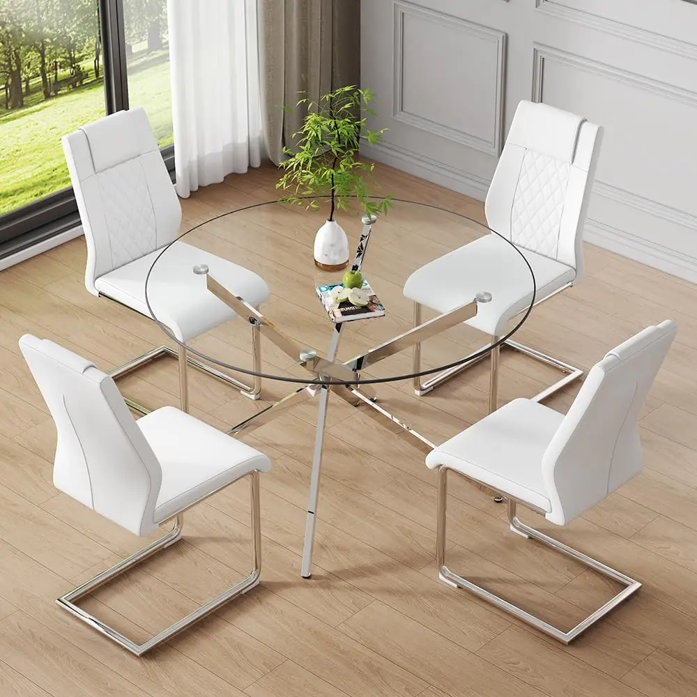 Round Glass Dining Table Set For 4, Round Kitchen Dining Table Chairs Set For 4, 47 Inch Modern Glass Dining Table Set For 4