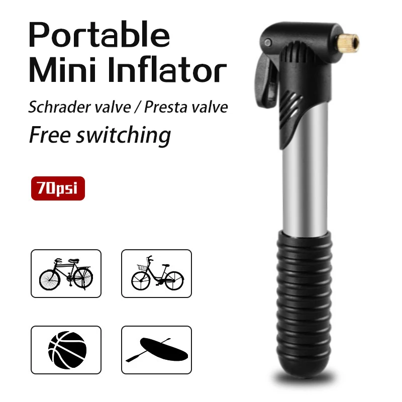 

70psi Mini Bicycle Pump Bike Portable Schrader Presta Valve Hand Movement Inflate Basketball Football Waterproof Accessory