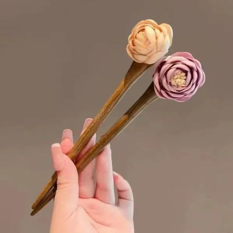 Flower Sandalwood Hairpin Retro Versatile Fashionable Hair Pin Ancient-Style Hanfu Hair Accessories Hair Chopsticks for Women