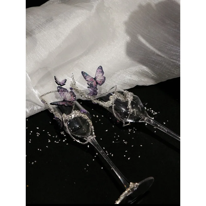 Purple champagne glass, Epoxy butterfly diamond goblet, handmade toasting cup DIY material bag, engagement and wedding gift.