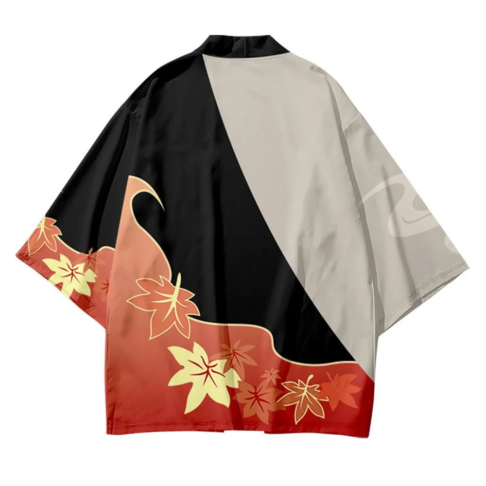 Game Kaedehara Kazuha Cosplay Kimono Color Block Maple Leaf Pattern Men\'s Loose Kimonos Cardigan, Summer Outdoor, Gift for Men