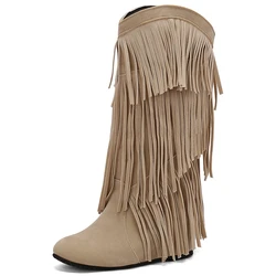 Fringe Women's Mid-calf Boots Sexy Winter Shoes Black Beige Wedge Heeled Boot Ladies Height Increasing Party Shoes Large Size 48