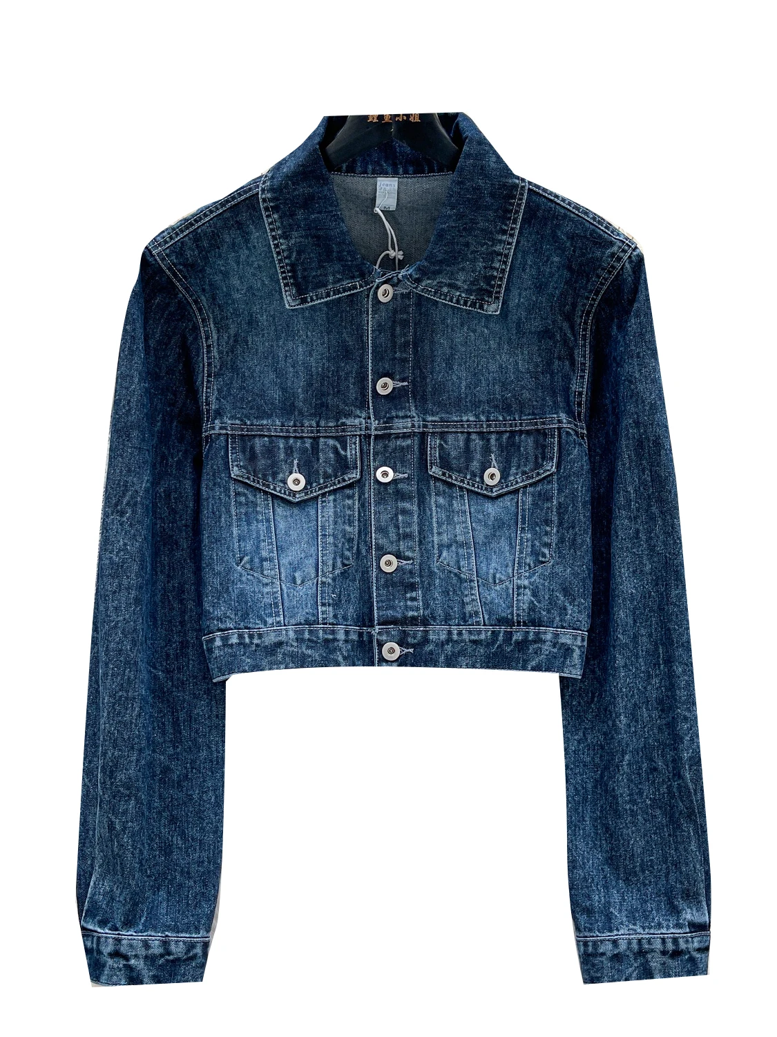 เสื้อแจ็คเก็ตยีนส์สไตล์เรโทรสำหรับผู้หญิง แฟชั่นเก๋ไก๋ลำลอง แขนยาว สีน้ำเงินเมทัลลิก ลุควินเทจ ระบายอากาศได้ดี ผลิตจากโพลีเอสเตอร์