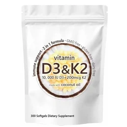 2-in-1 Extra Strength Vitamin D3+K2 with Coconut Oil Natural Sunshine Vitamin Complex 300 Soft Capsules Support Health