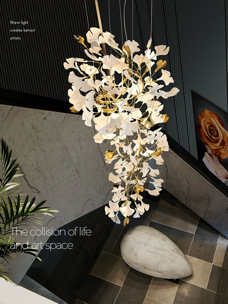 

Nordic Staircase Chandelier Villa Attic Indoor Lightings Chandeliers Plastic Porcelain Leaf Modern Led Living Room Pendent Lamps