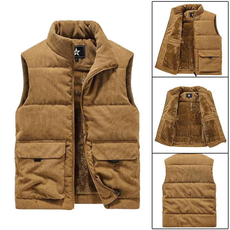 

New Winter Thickened Warm Big Pocket Corduroy WaistcoatCoat Fashion Retro Men's Sleeveless Vest Thick Windproof Men’s Wear Gilet