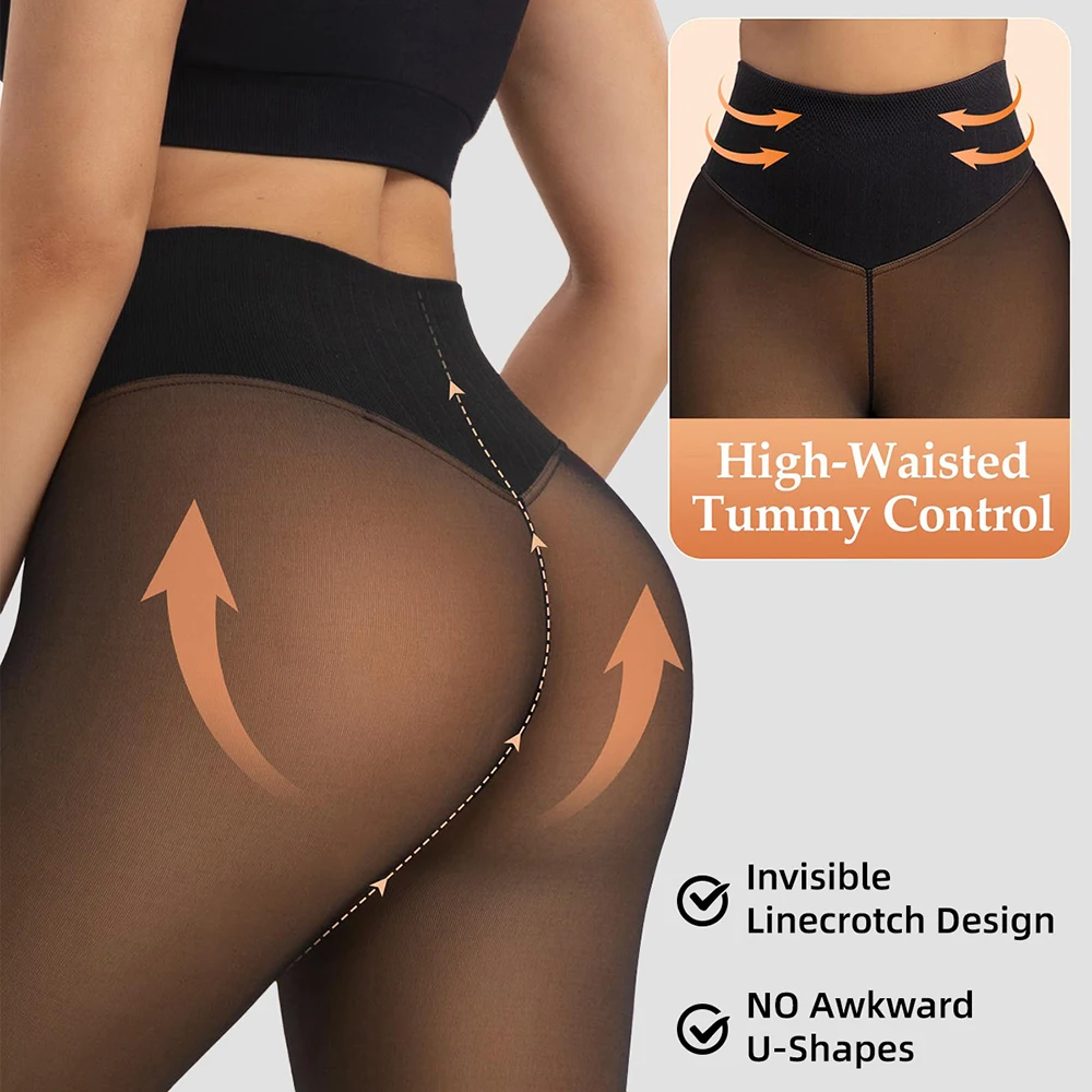 Translucent Fleece Lined Tights Compression Waist One Seam Thermal Leggings Velvet Sheer Pantyhose Warm Stockings for Winter