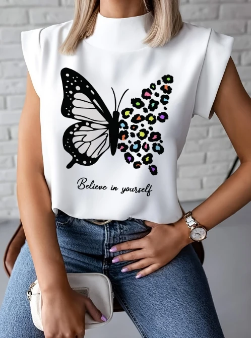 Top Women 2024 Summer Fashion Butterfly Print Small Flying Sleeve Round Neck Short Sleeved Casual Daily T-Shirt Top