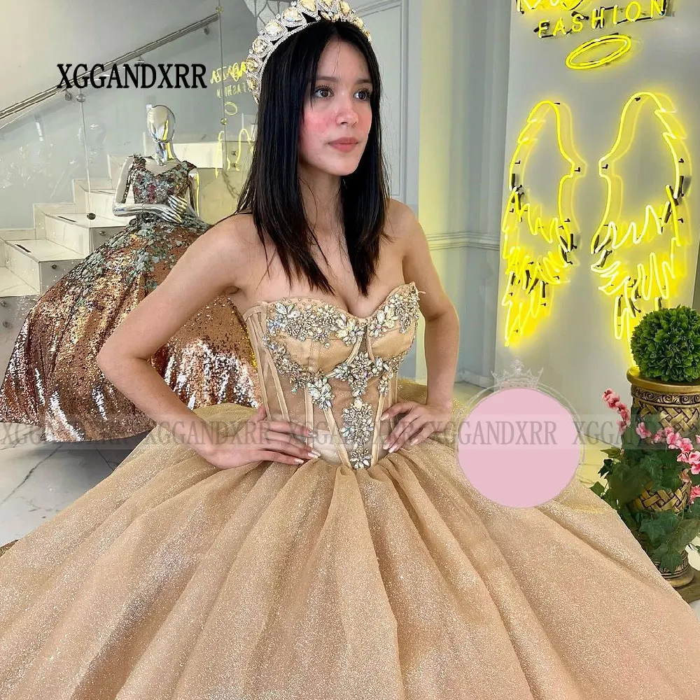 Vestidos De quinceañera con cuentas De cristal, vestido De fiesta De cumpleaños dulce, corsé, 15 Años, desfile De graduación De Miss, champán, 2024