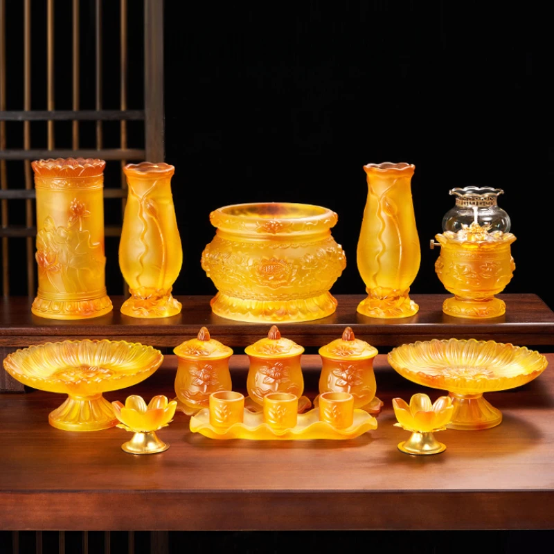 

Glass offering set Buddhist temple offering Buddha with water supply cup offering fruit bowl incense burner vase