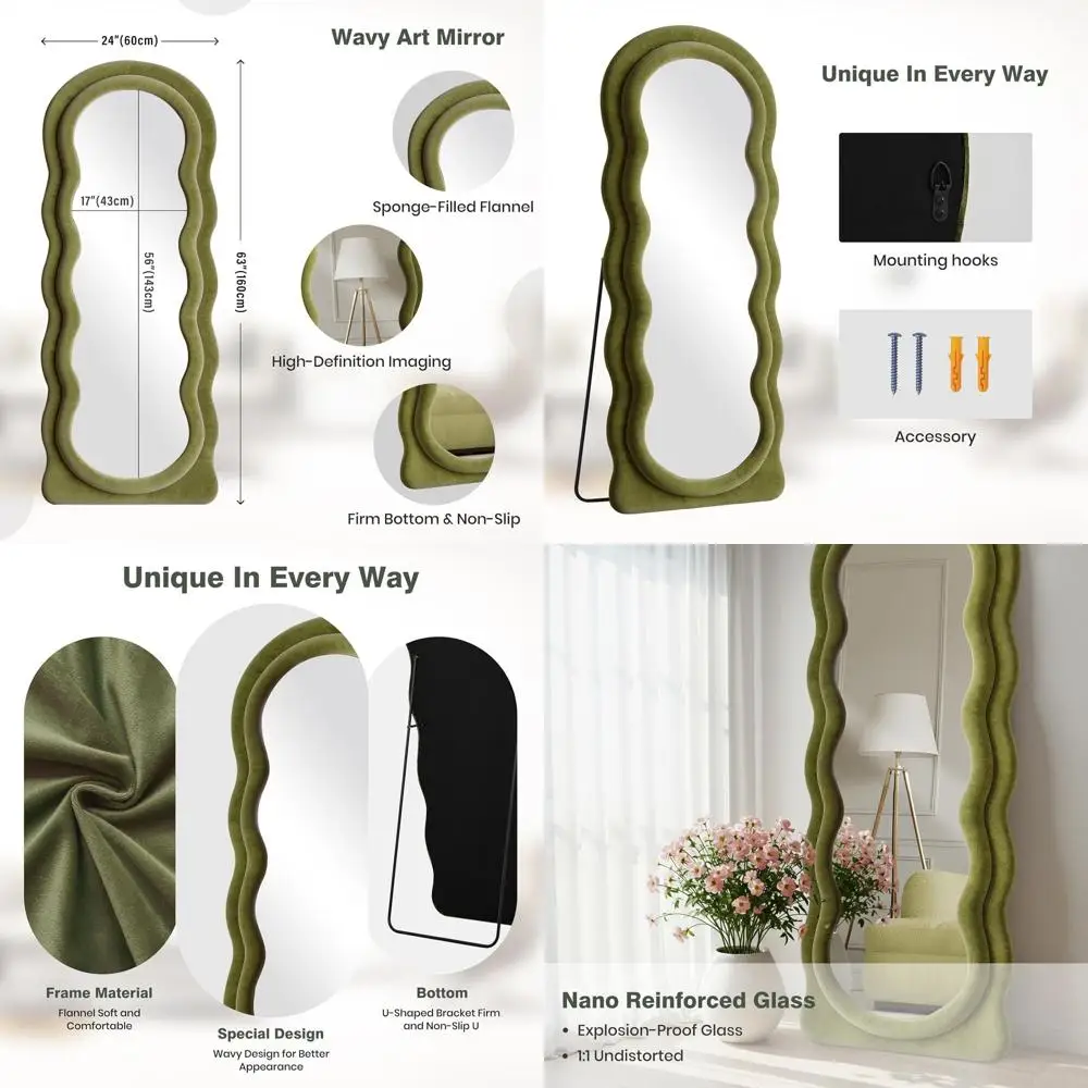 63 x 24 Arched Wavy Framed Full-Length Wall Mirror with Stand for Bedroom or Hallway