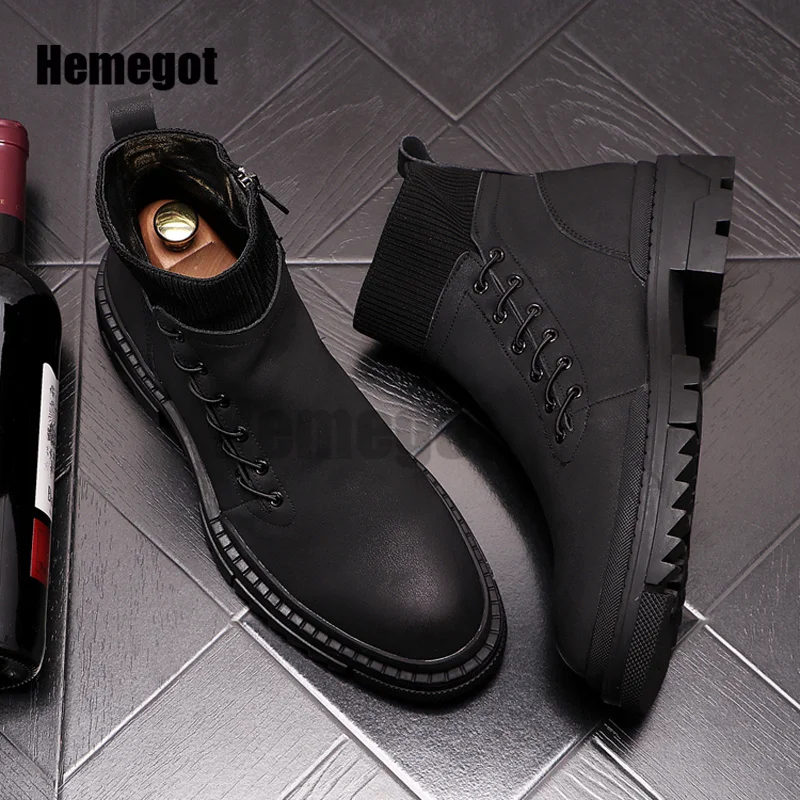 Men\'s Casual Leather Boots High Top Booties Platform Shoes Side Zippers Ankle Boots New Men\'s Shoes Breathable Leather Booties