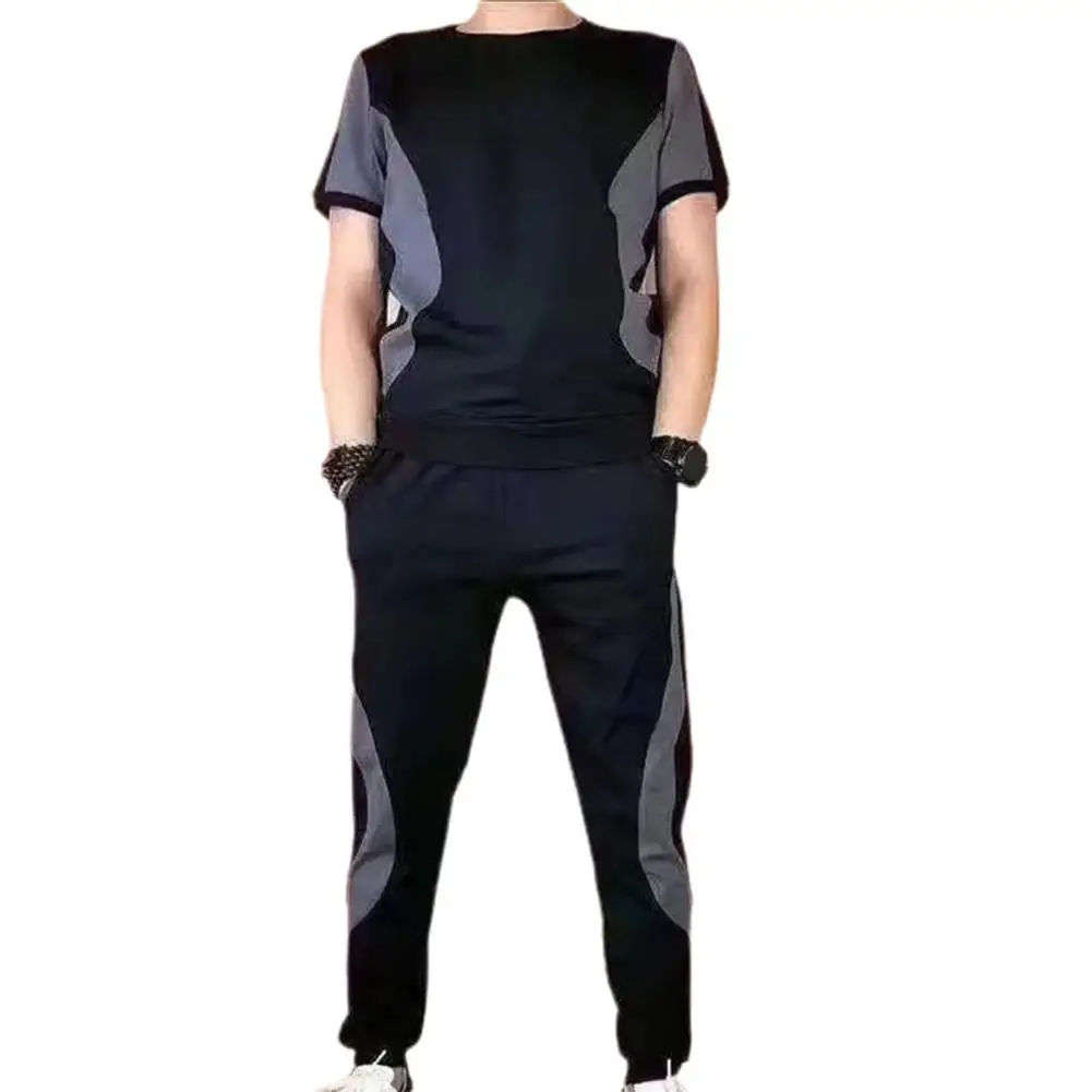 Stylish 3D Cutting Pockets Breathable Summer Thin Color Block T-shirt Long Trousers Set Summer Tracksuit Sweat Absorption