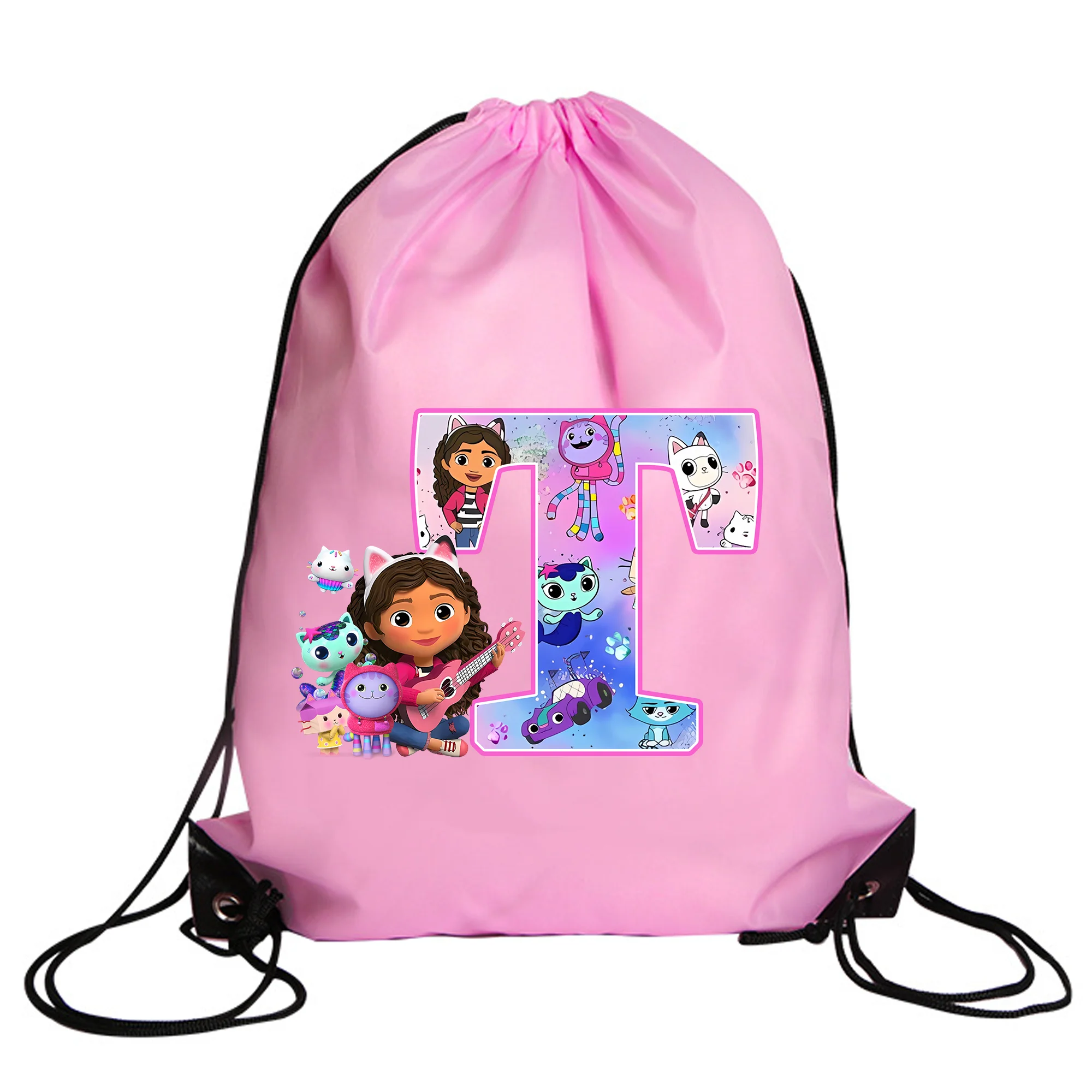 Gabby's Dollhouse Drawstring Bag, Bolsas de Cordas para Meninas, Piscina, Roupas, Armazenamento de Sapatos, Embalagem Impermeável, Mochila Rosa