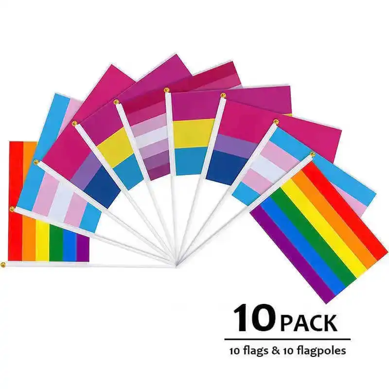 

10 Pack Rainbow Flag LGBT Pride Lesbian Gay Bisexual Transgender Pansexual Hand Held Mini 14x21cm Small Banner With Flagpoles