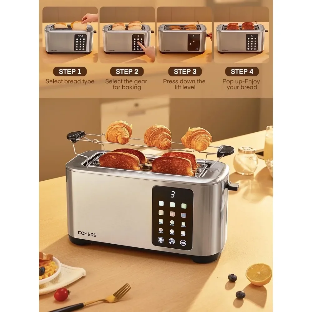 

4 Slice Toaster Touch Screen Control, Long Extra Wide Slots, 6 Bread Types & Shade Settings