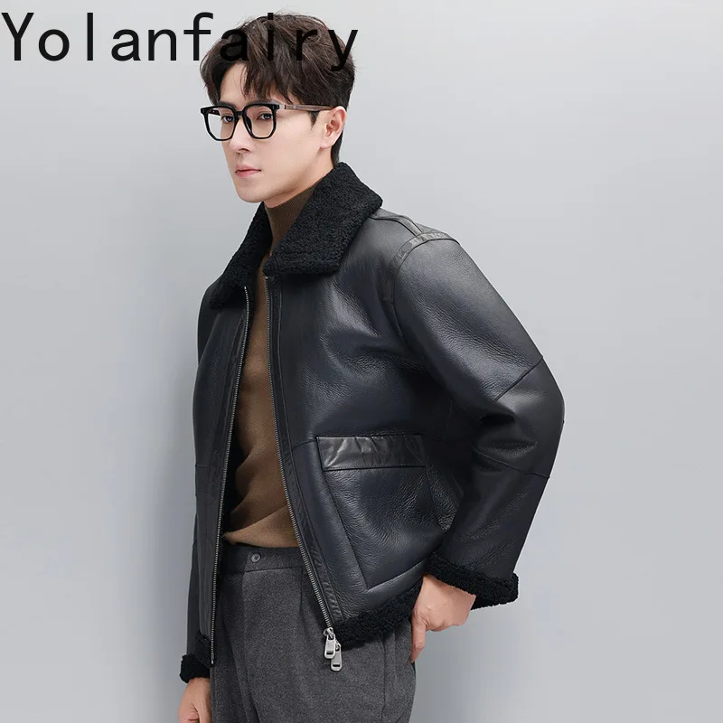 YOLANFAIRY 남성용 오리지널 모피 및 가죽 통합 자켓 따뜻한 겨울 하이 엔드 천연 모피 코트 남자 리얼 Lambswool 모피 코트