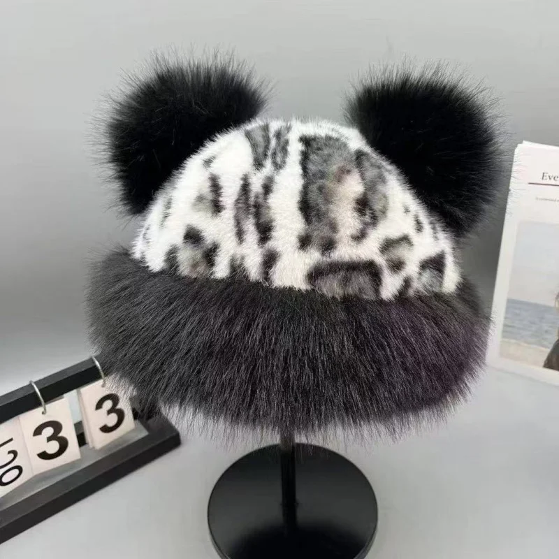 Cute Warm Fleece Plush Hats For Women Thickened Leopard Print Ear Flap Basin Cap Soft Windproof Coldproof Winter Headwear