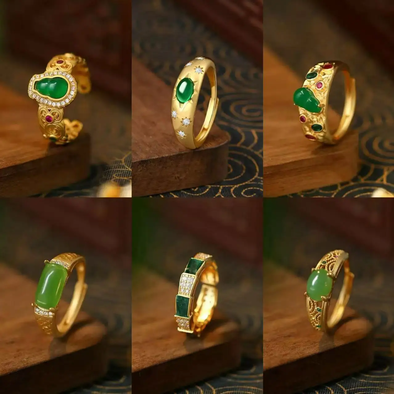 

Ethnic Chinese Gold Plated Rings for Women Inlay Jade Zircon Shining Sparkling Luxury Jewelry Octagram Star Shaped Lucky Gifts