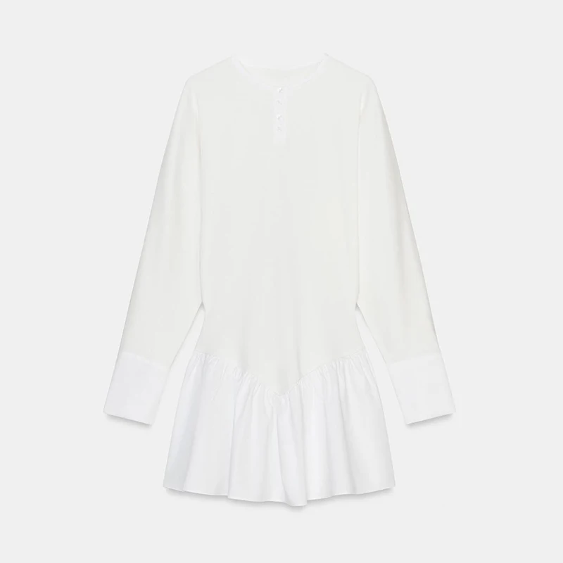 Women's Ruffle Hem Mini Dress Long Sleeve O Neck Waist Cinching Slim Fit Dresses 2026 Female Spring Casual Daily Chic Vestidos