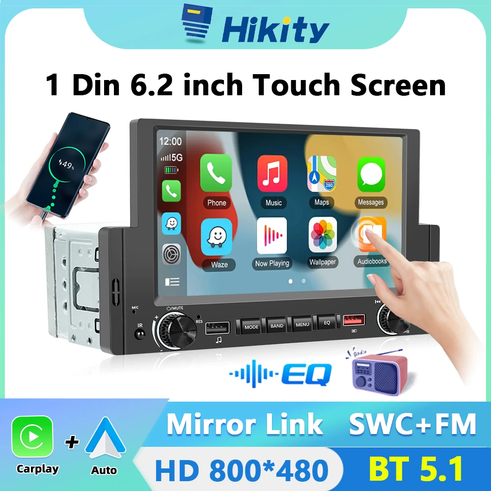 Hikity Autoradio 1 Din Car Radio Android Carplay Auto Stereo Bluetooth Audio FM Music Stereo With Dual USB for Toyota Nissan KIA