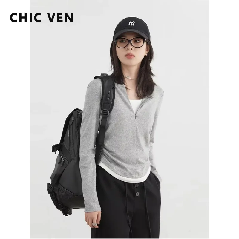 CHIC VEN Damen-T-Shirts, lässig, O-Ausschnitt, schlank, kontrastierend, plissiert, Strick-T-Shirts mit halbem Reißverschluss, weibliches Top, Pullover, Frühling, Sommer 2025,