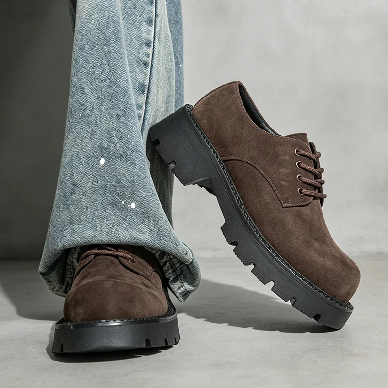 Work boots with matte leather, retro style, large head design, casual leather shoes, low heel, thick sole, student derby shoes