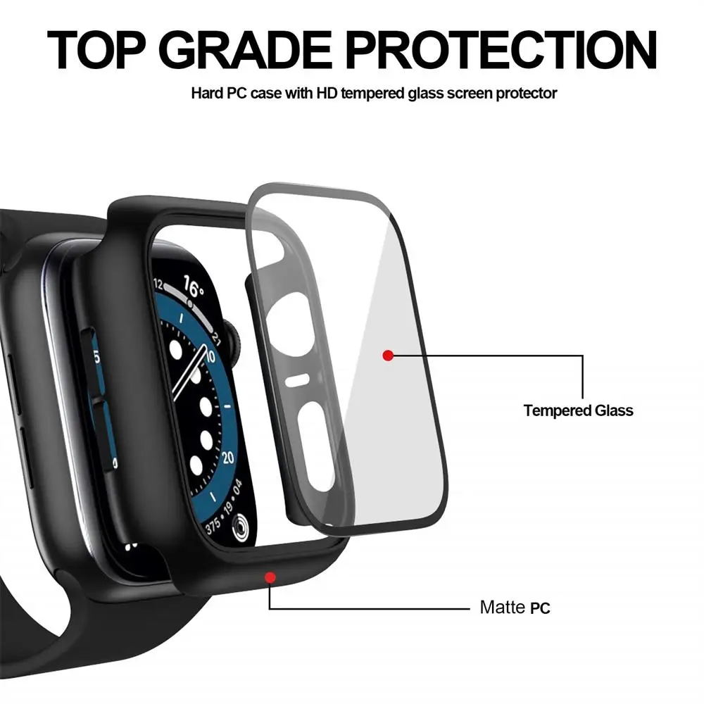 Protecteur d'écran en verre et couvercle pour Apple Watch, 45mm, 40mm, 44mm, 41mm, 42mm, 38mm, iWatch Series 8, 7, 3, 6, SE, Accessoires