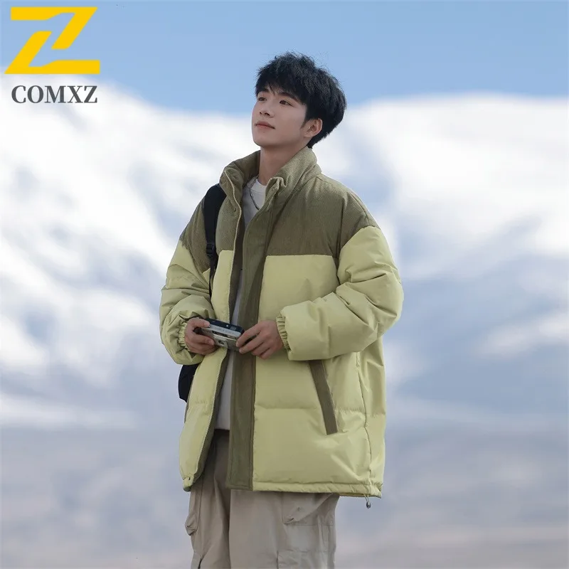 COMXZ Men 50% Gray Duck Down Autumn Winter Down Jacket Stand Collar Corduroy Patchwork Fashion Trend waterproof Down Coat 2025