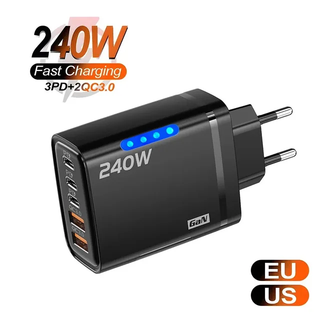 Ładowarka USB C GaN 240W 5 w 1 Szybka Ładowarka do Telefonu Adapter Zasilania do iPhone Samsung Xiaomi Typ C Wtyczka EU/US Ładowarka Ścienna