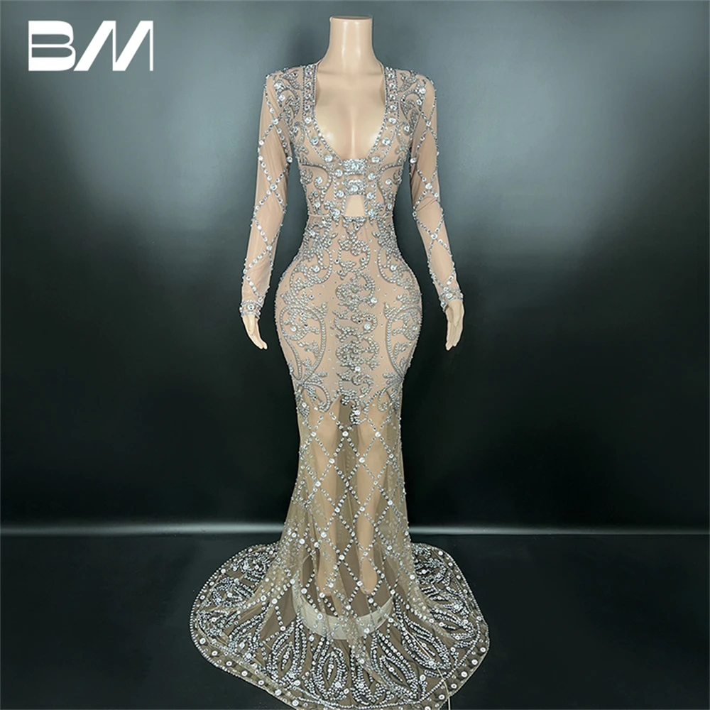 Real Images Illusion Mermaid Prom Dress Long Sleeves Beaded Rhinestones Formal Dresses Party Evening Gown High Quality