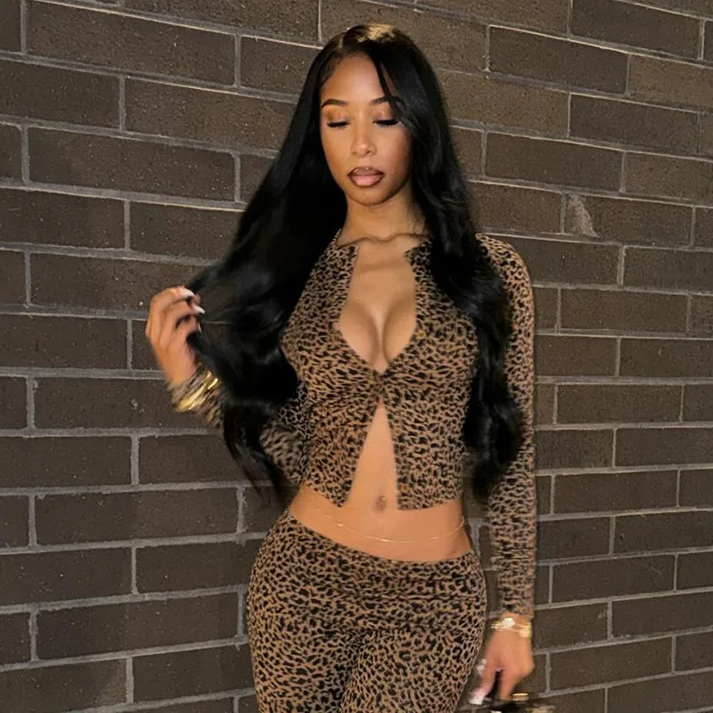 Crop Leopard Tops 2 Piece Pant Set Sexy Outfits Joggers Women Tracksuits Bodycon Elegant Sexy Club Wear Two Piece Pant Sets