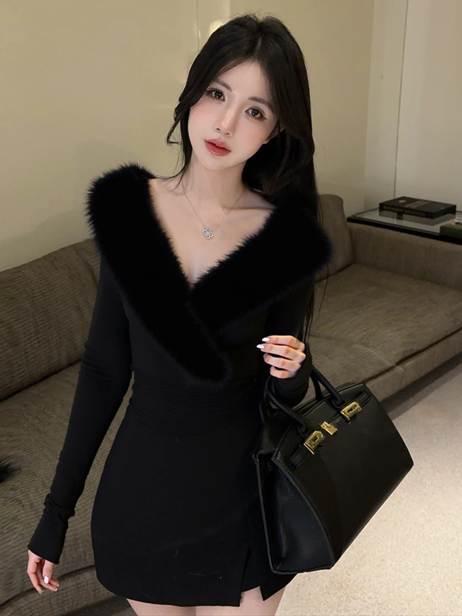 Sexy Long Sleeve T-Shirt V-Neck Waist-Cinching Patchwork Fluffy Pure Desire Style Slimming Personality Top for Young Women