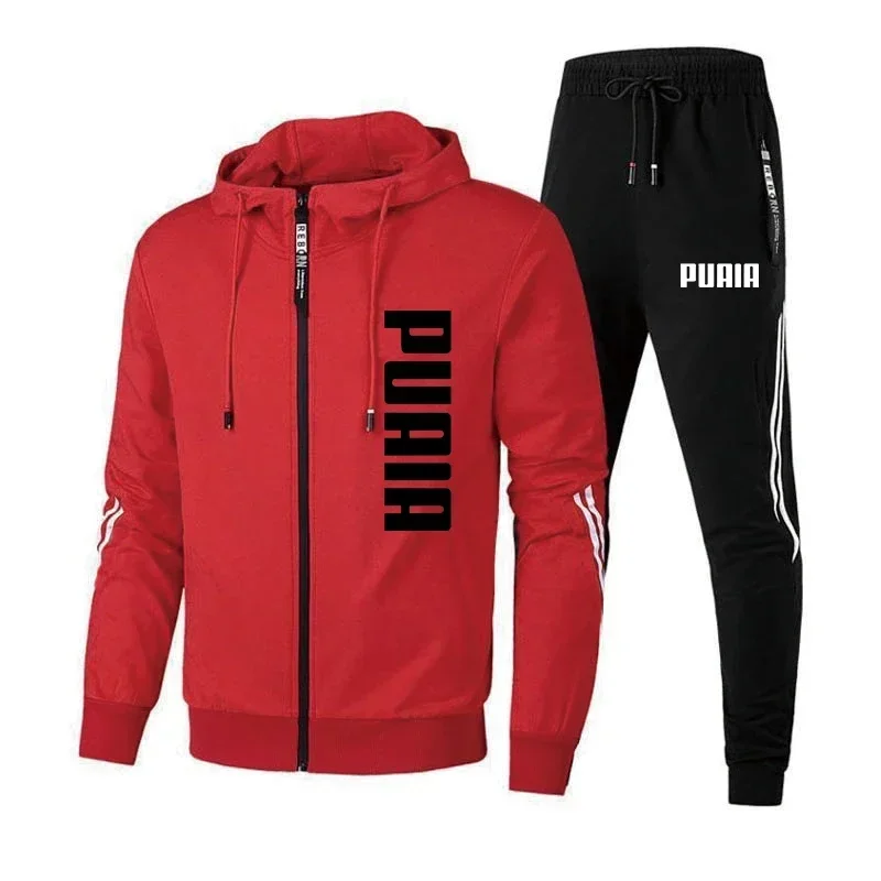 Ropa de hombre chaqueta con capucha y cremallera estampada + pantalones para correr de dos piezas primavera y otoño deportes fitness ropa casual traje de moda