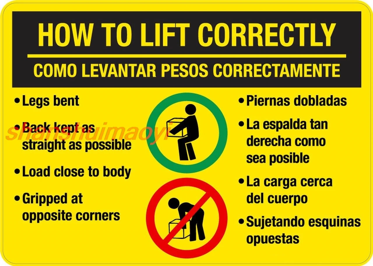 How to Lift Correctly (Bilingual Spanish) - Wall Sign Warning Caution Metal Tin Sign, 12X16 in 7855