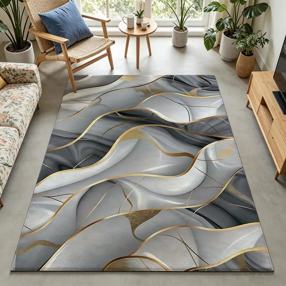 2D 1 piece soft, comfortable, easy to care, machine washable indoor rug for abstract marble with gold style, suitable for dining table, living room, bedroom, entryway, home office, hallway, balcony home decor
