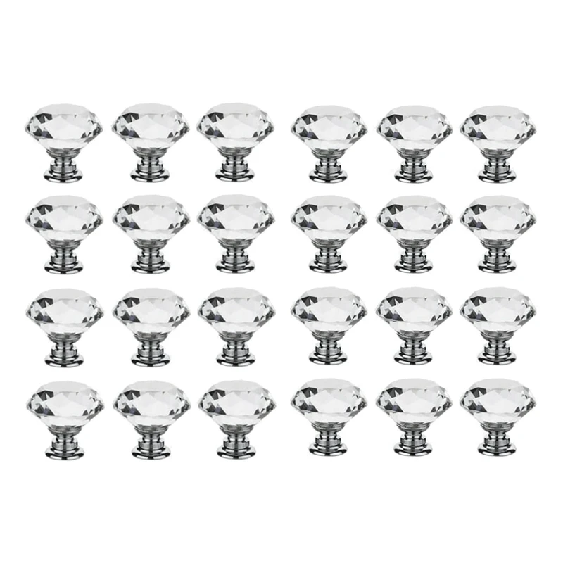 Crystal Door Knobs,24 Pcs 30 Mm Clear Glass Drawer Door Furniture Handles With Screws,For Kitchen Office Chest Cabinet