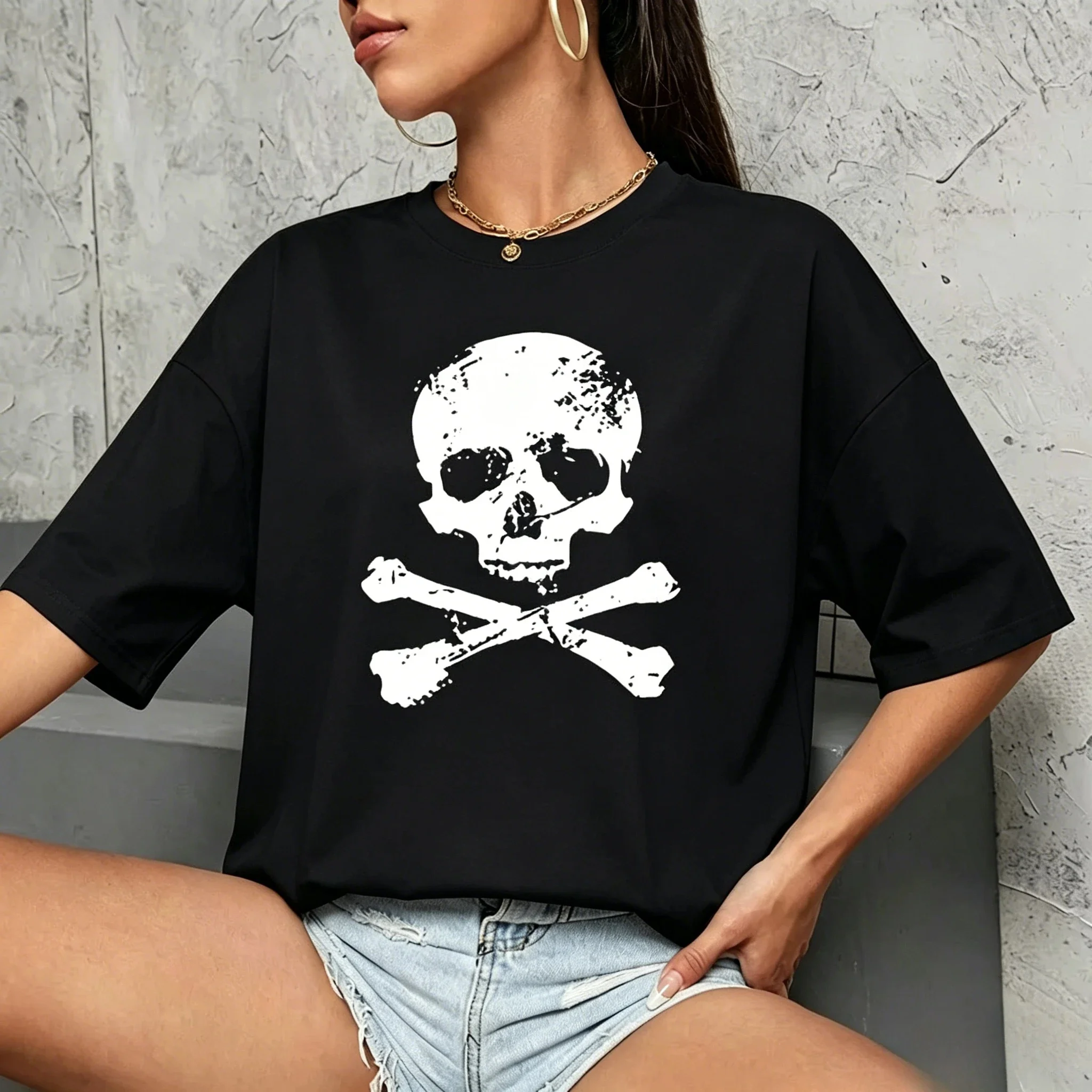Twisted Skull Pattern T-shirt Garbage Punk Hip Hop Gothic 2000s Harajuku Aesthetics Neutral Cotton Loose Casual Street Top