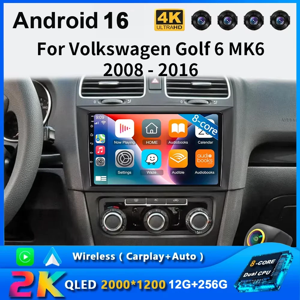 Android 16 For Volkswagen VW Golf 6 2008 - 2016 Car Radio Carplay Auto Multimedia Stereo Video Player GPS Navigation QLED 4G DSP