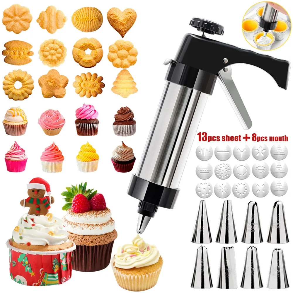 Cookie Press Gun and Icing Set Christmas Spritz Alloy Churro Maker With 4 Pastry Tip 20 Discs Biscuit Mold Tool Maker Machine