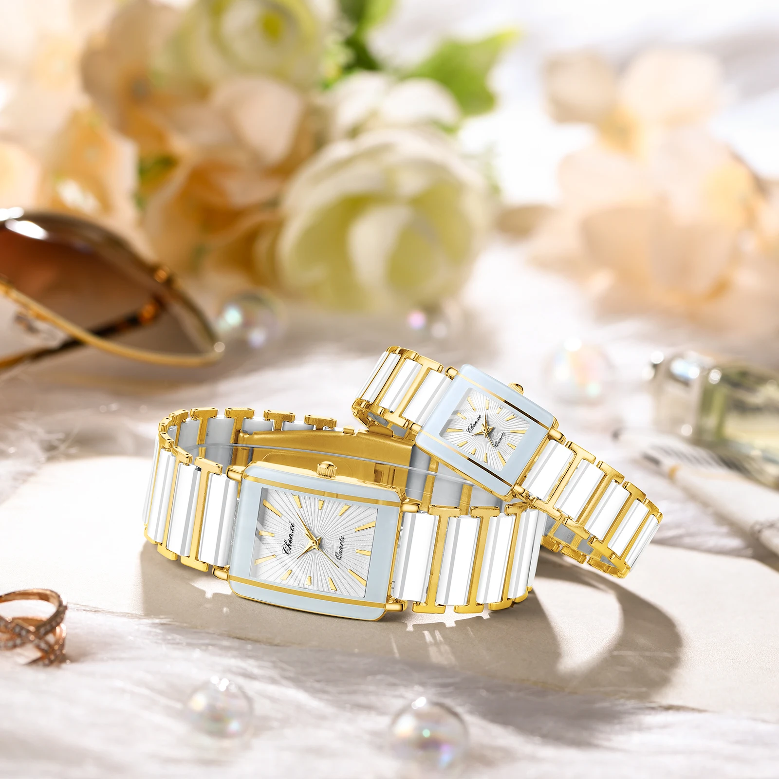 CHENXI 1042 Couple's Quartz Watch Elegant Square Dial Ceramic Strap Woman Man Wristwatch Fashion Couple Watches Gifts relógio