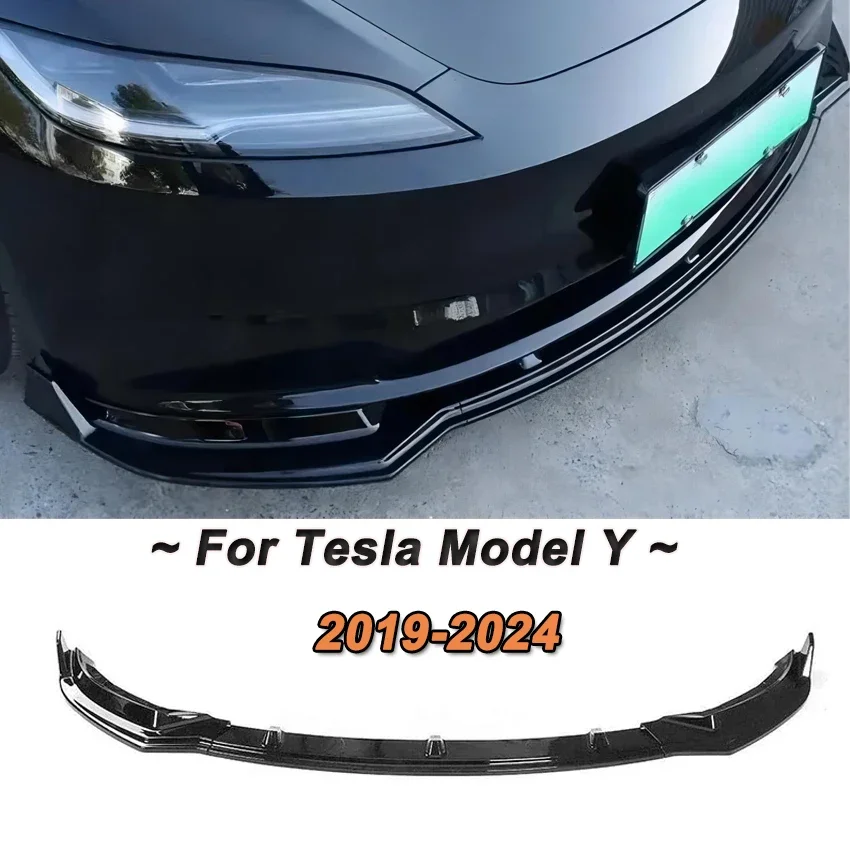 3Pcs Body Kit Front Spoiler with Lip Bumper Chin Diffuser Carbon Look/Gloss Black For Tesla Model Y 2019-2024 Upgrade appearance