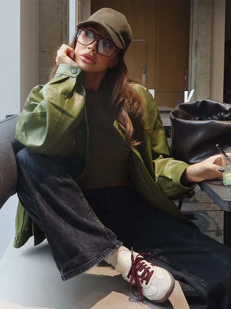 Veste en cuir vert Olive pour femmes, manteau avec Silhouette Vintage, fermeture éclair à revers, pardessus court, haut ample, vêtements d'extérieur, automne